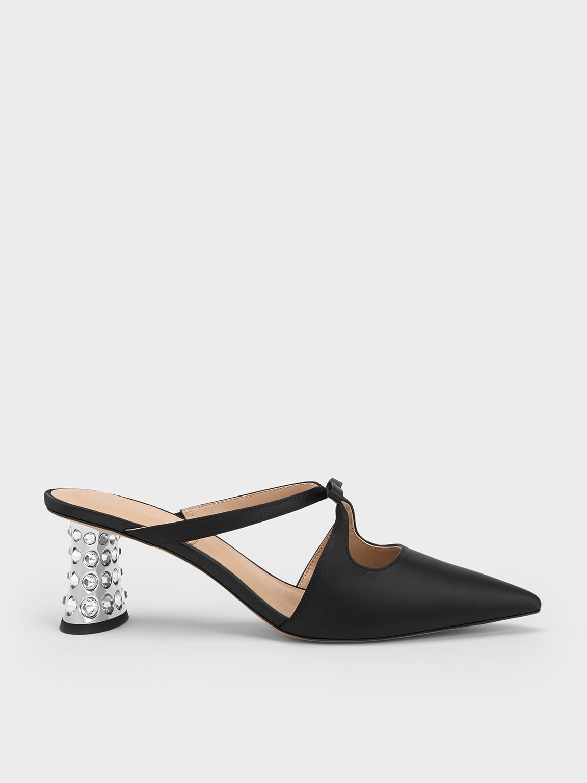 Charles & Keith Bow Crossover Gem-embellished Mules In Black