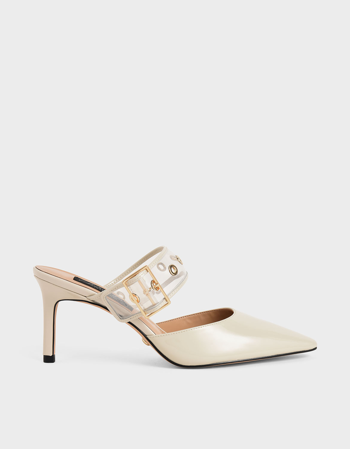 

Patent Leather Eyelet-Embellished Mules, Chalk