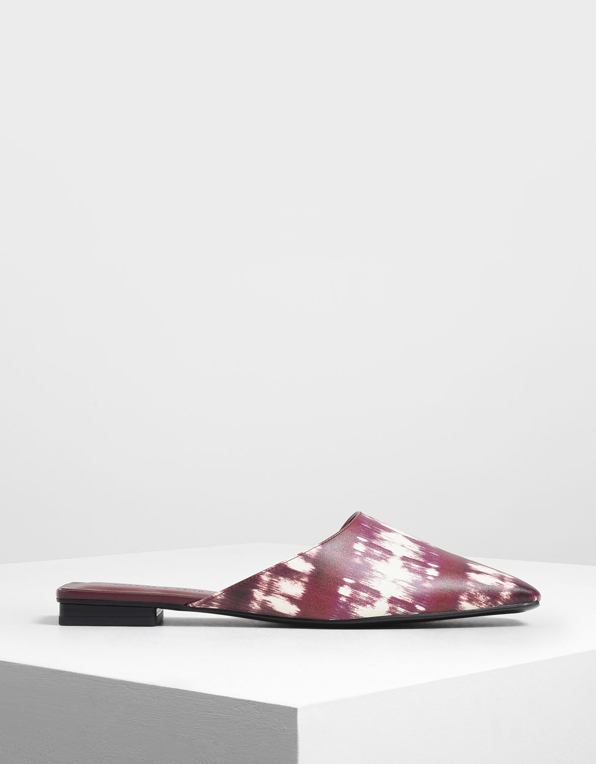 

Printed Square Toe Asymmetrical Mules, Burgundy