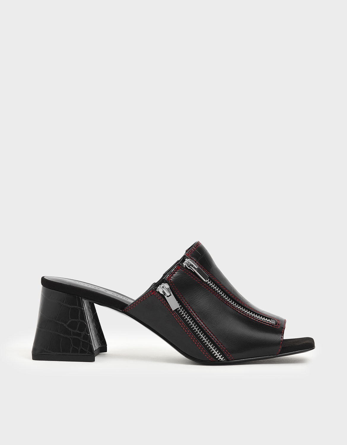 

Croc-Effect Wrinkled Patent Zip Detail Slide Sandals, Black