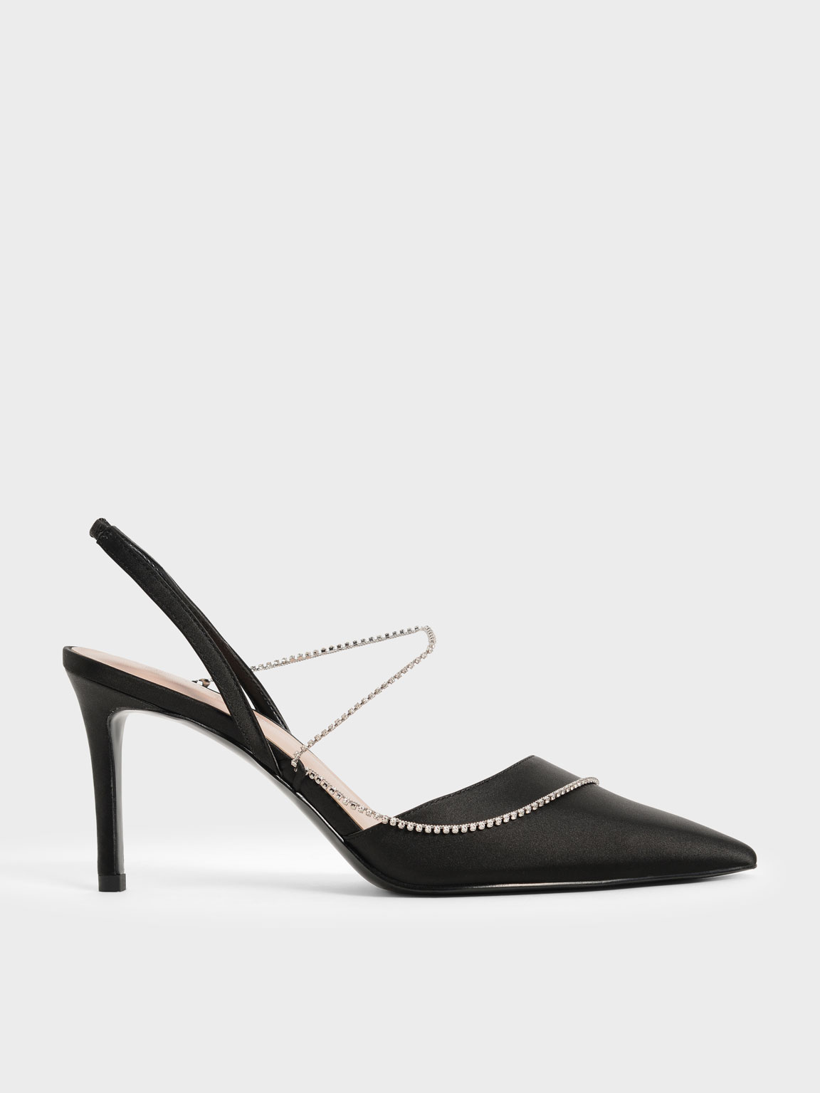 

Gem-Strap Satin Slingback Pumps, Black