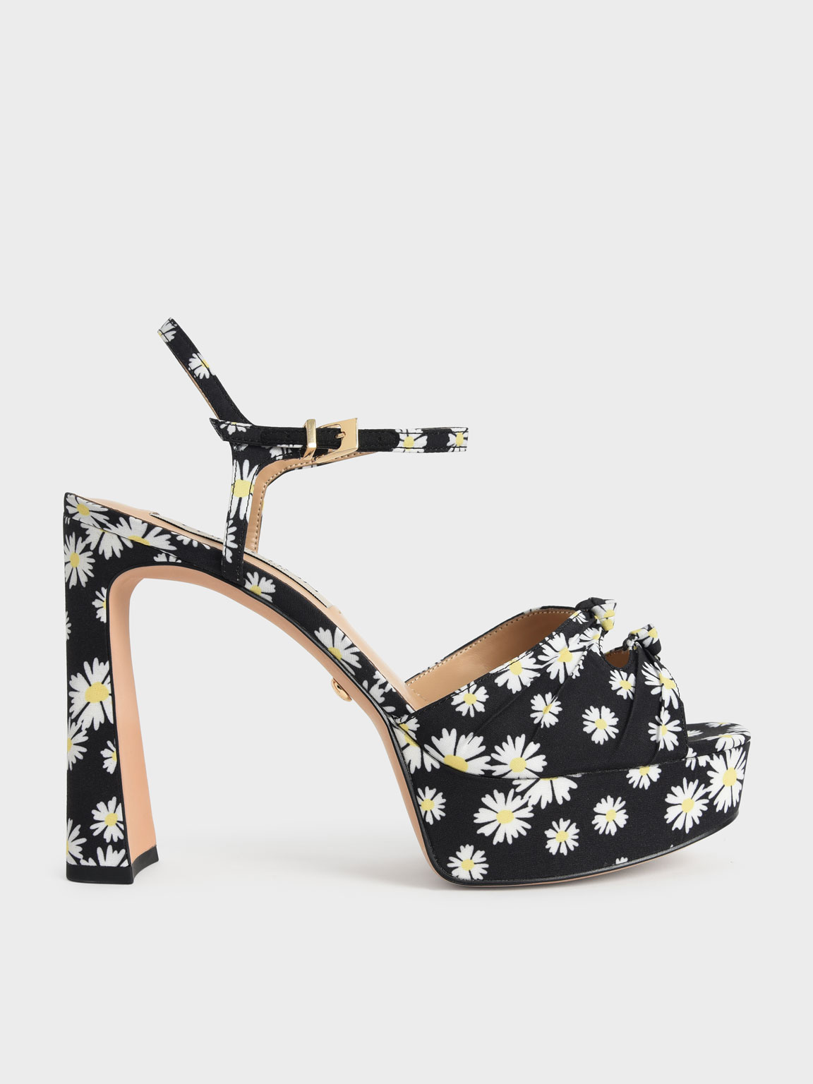 

Knot Detail Daisy Print Platform Sandals, Black textured