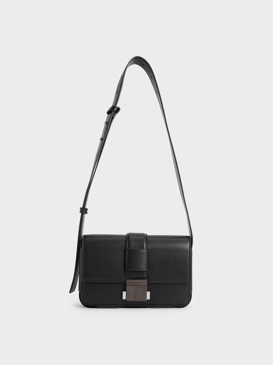 

Front Flap Push Lock Crossbody Bag, Black