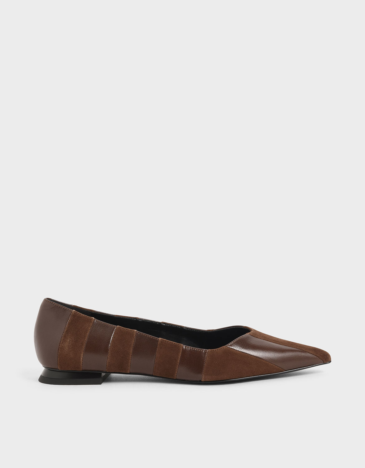 

Kid Suede & Wrinkled Leather Striped Ballerina Flats, Cognac