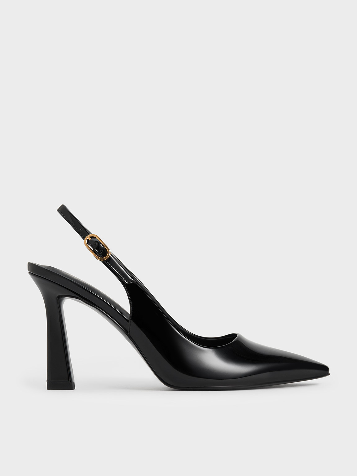 Charles & Keith Patent Trapeze Heel Slingback Pumps In Black Patent
