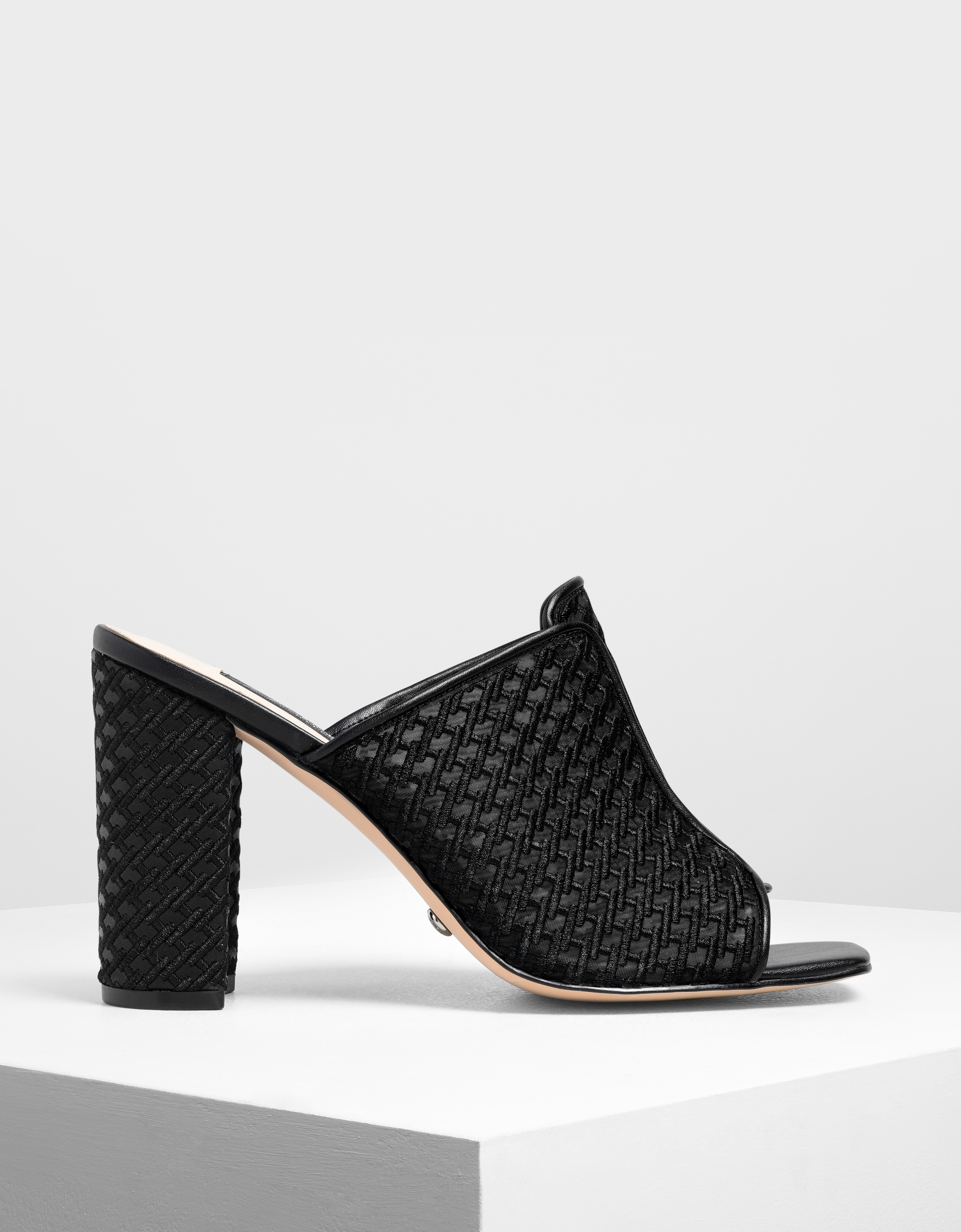 

Mesh Block Heeled Slide Sandals, Black