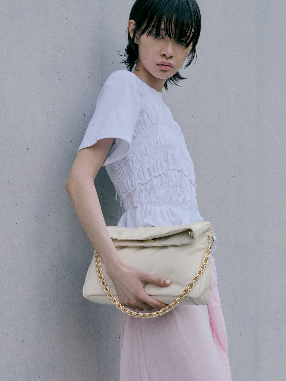 Charles & Keith - Fawn Panelled Chain-handle Shoulder Bag In Cream