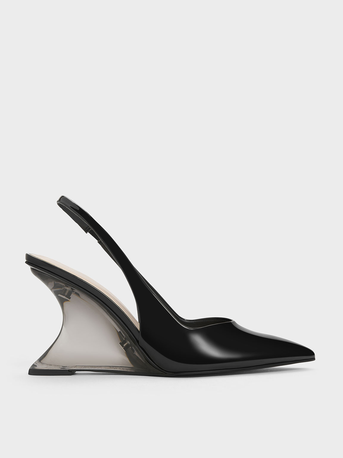 Charles & Keith Patent Sculptural Slingback Wedges In Black Patent