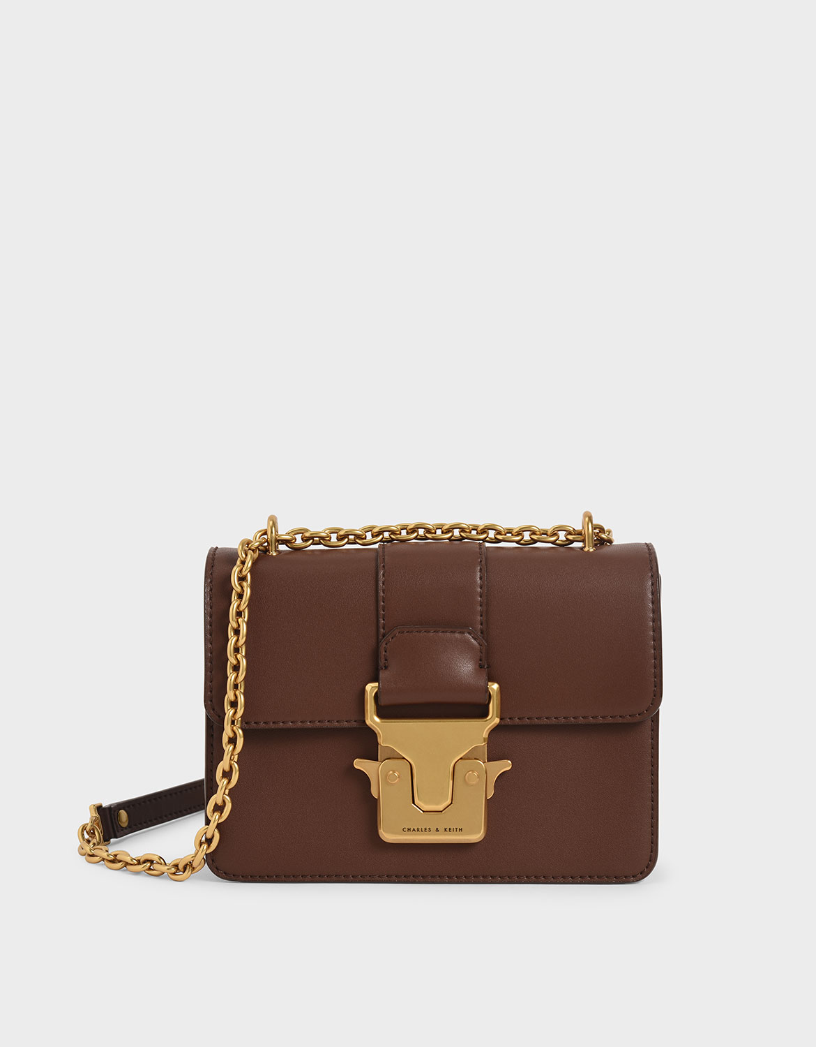 

Double Handle Metallic Push-Lock Shoulder Bag, Dark brown