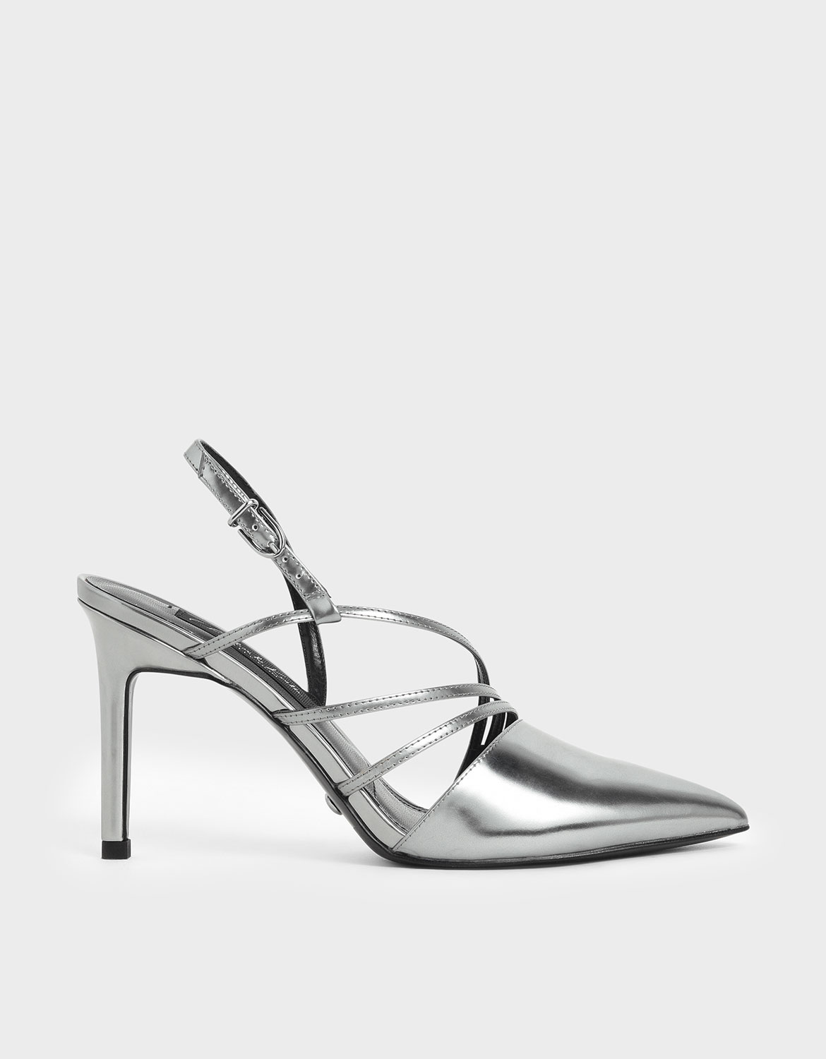 

Metallic Leather Strappy Slingback Heels, Silver