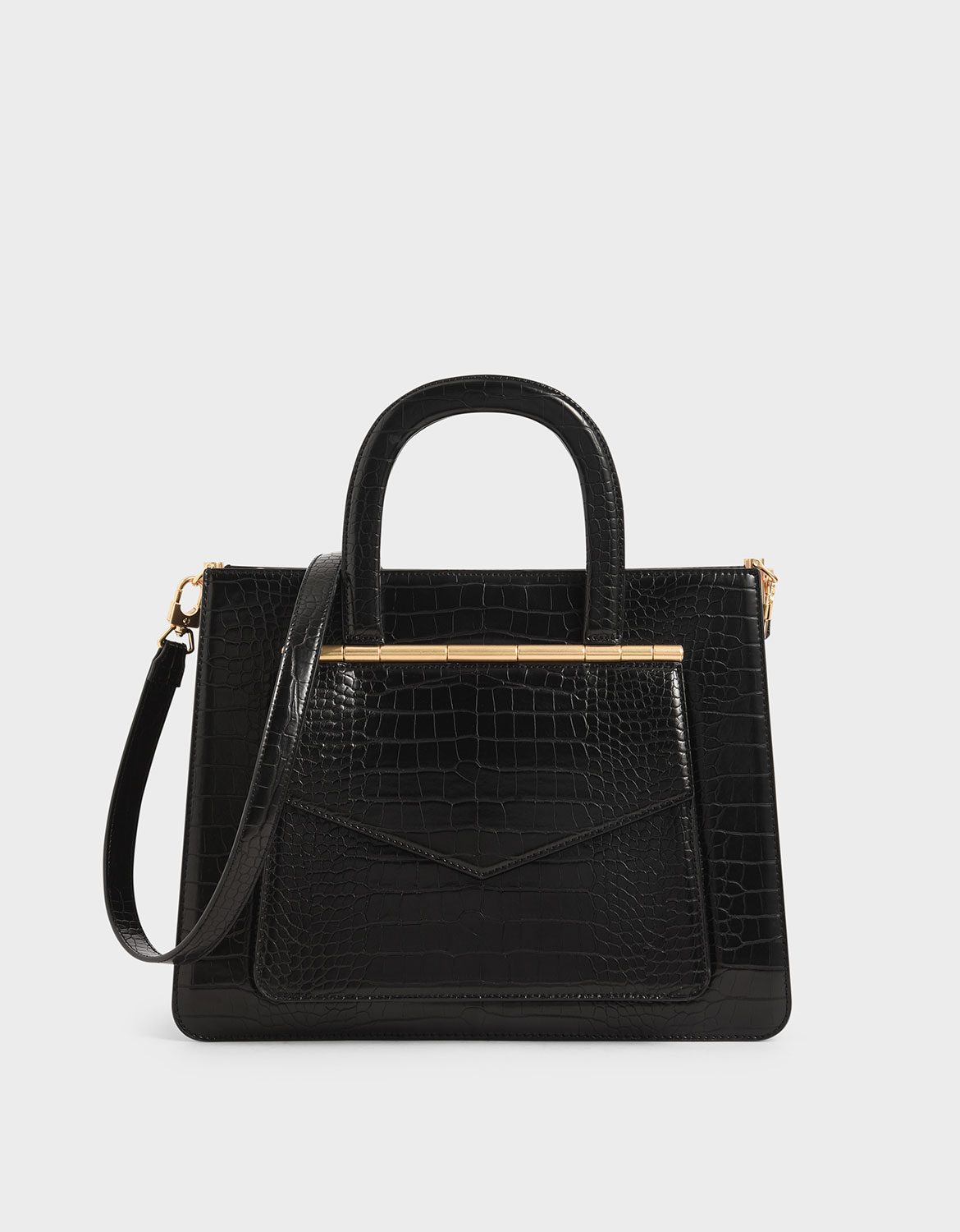 

Croc-Effect Structured Tote Bag, Black