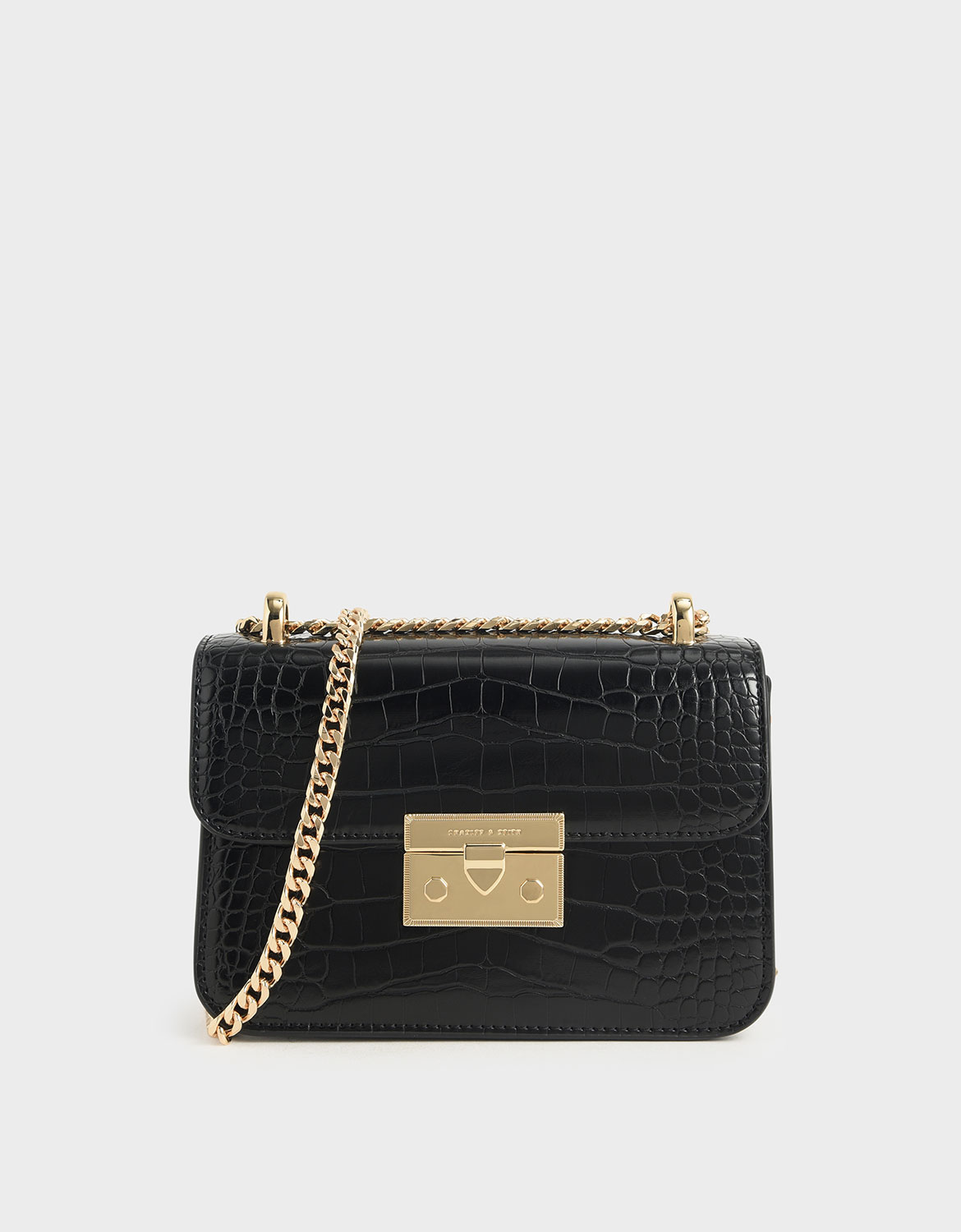 

Croc-Effect Chain Strap Crossbody Bag, Black