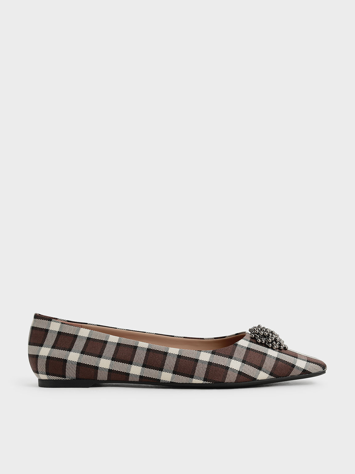 

Check-Print Embellished Ballerina Flats