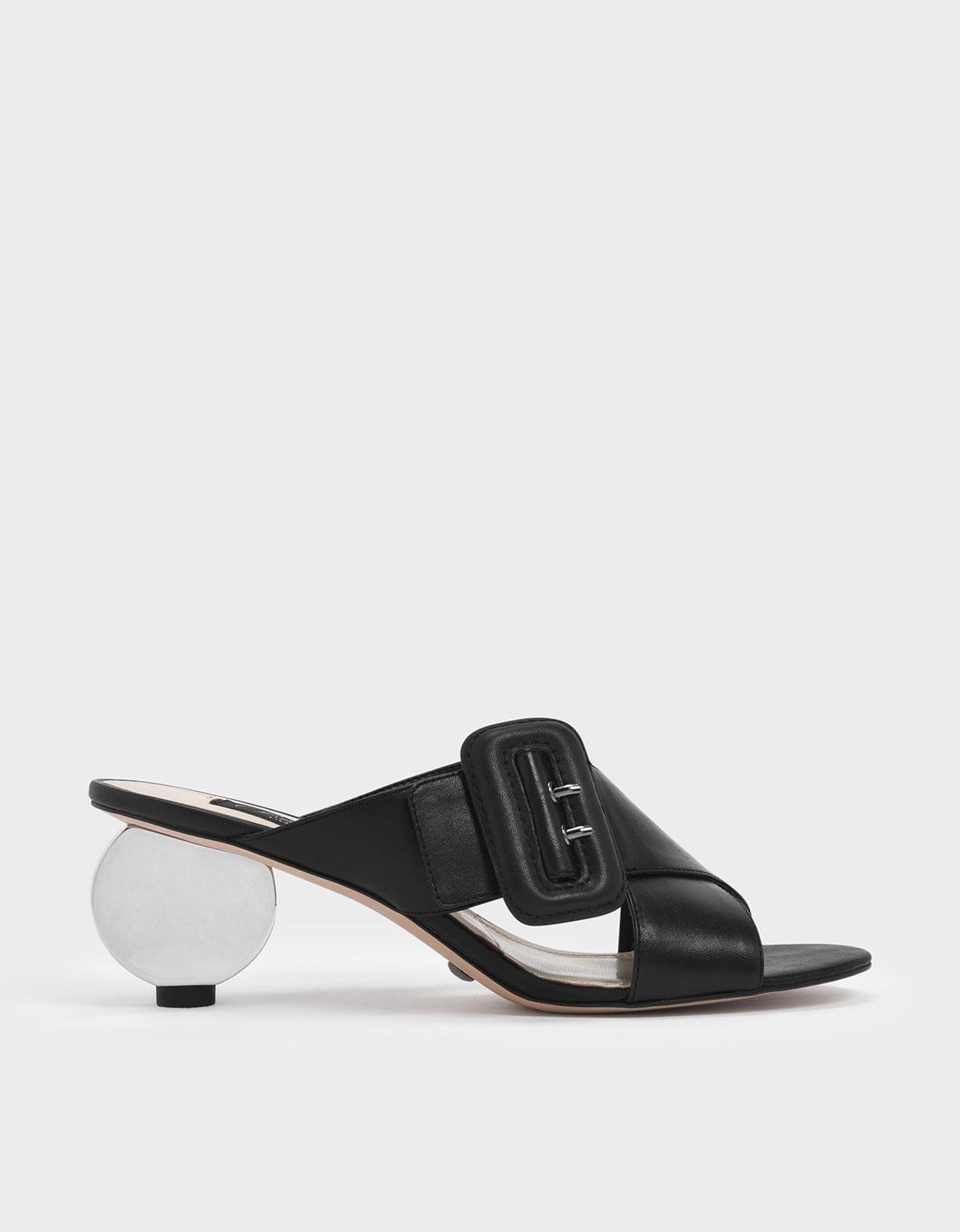 

Sculptural Heel Leather Slide Sandals, Black