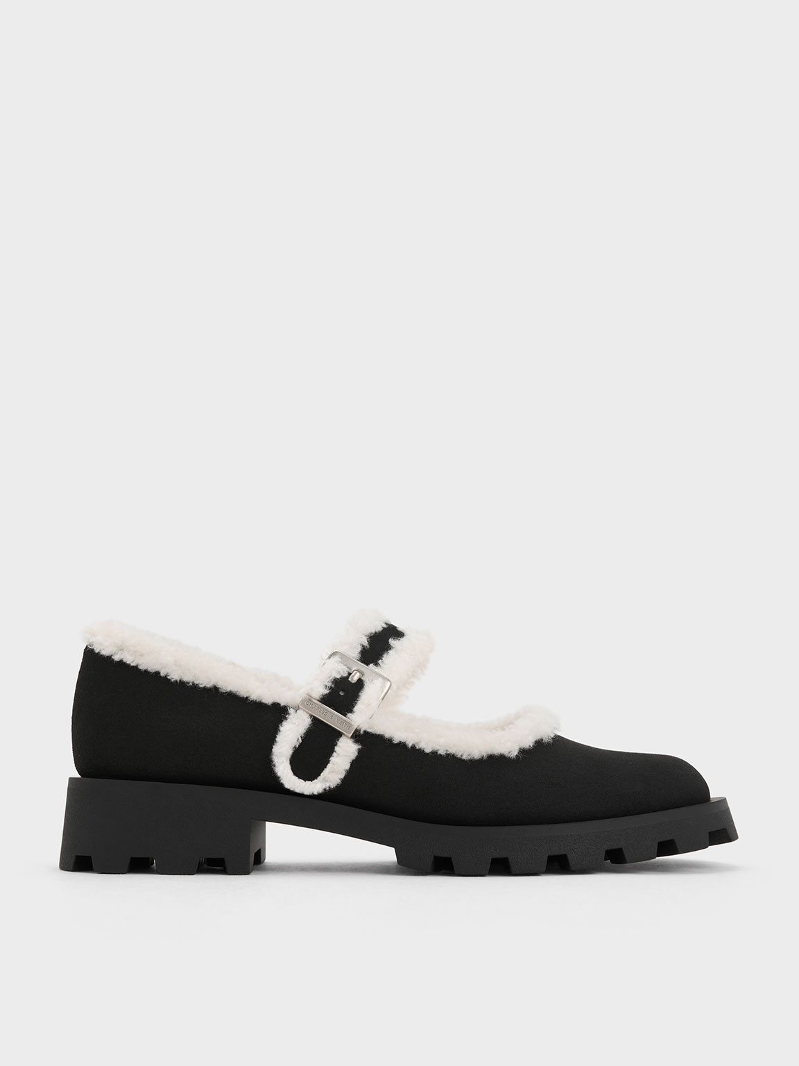 Textured Fur-Trim Buckled Mary Janes