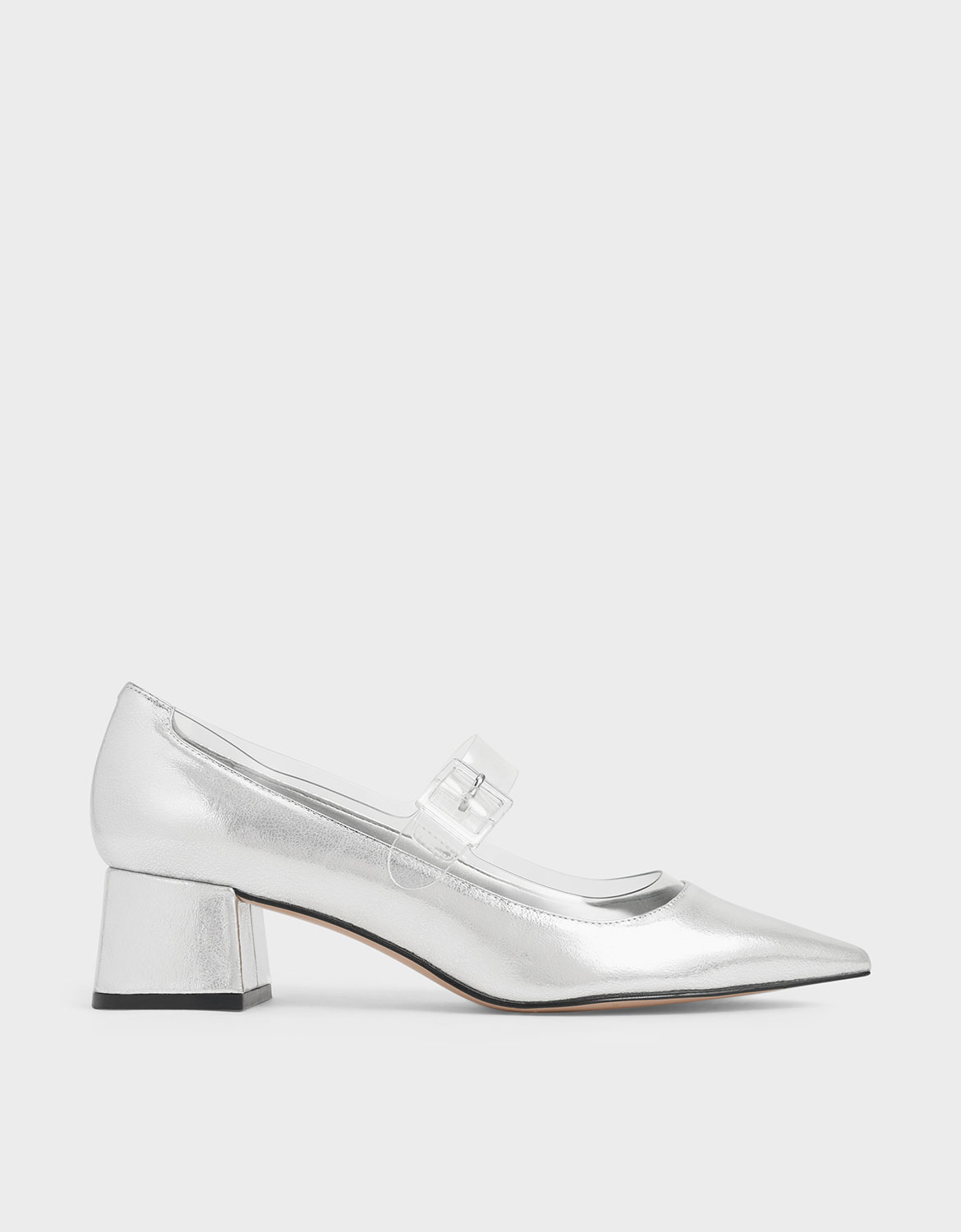

Clear Mary Jane Strap Metallic Pumps, Silver