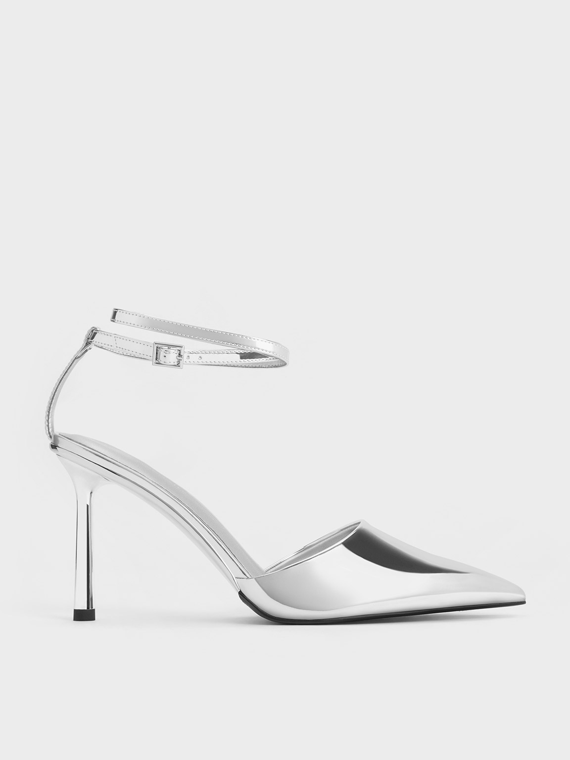 Charles & Keith Metallic Patent Pointed-toe Ankle-strap Pumps In Silver