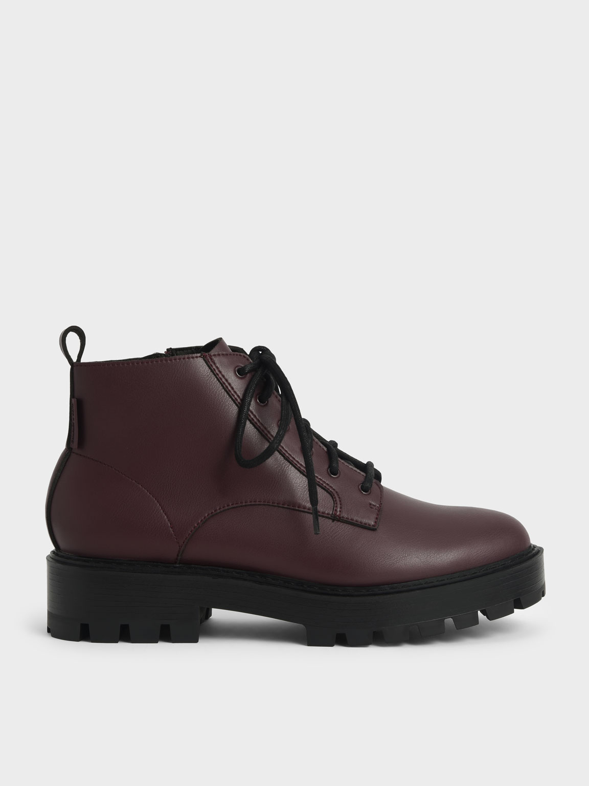 Burgundy Lace-Up Chunky Ankle Boots - CHARLES & KEITH UK
