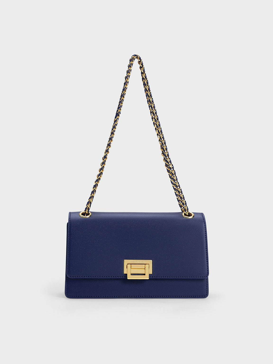 Charles & Keith Metallic Accent Front Flap Bag In Navy