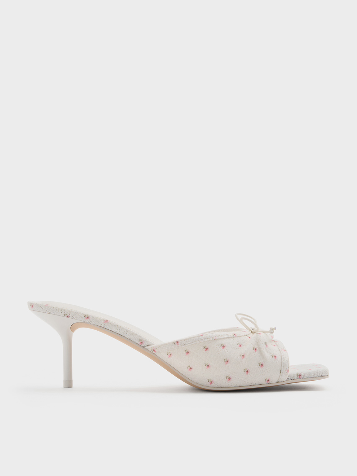Charles & Keith - Floral-Print Ruched Bow Heeled Mules