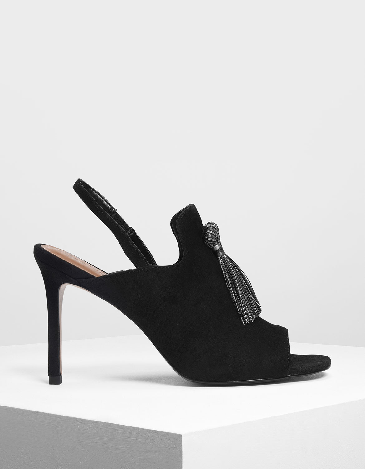 

Textured Tassel Slingback Heels, Black