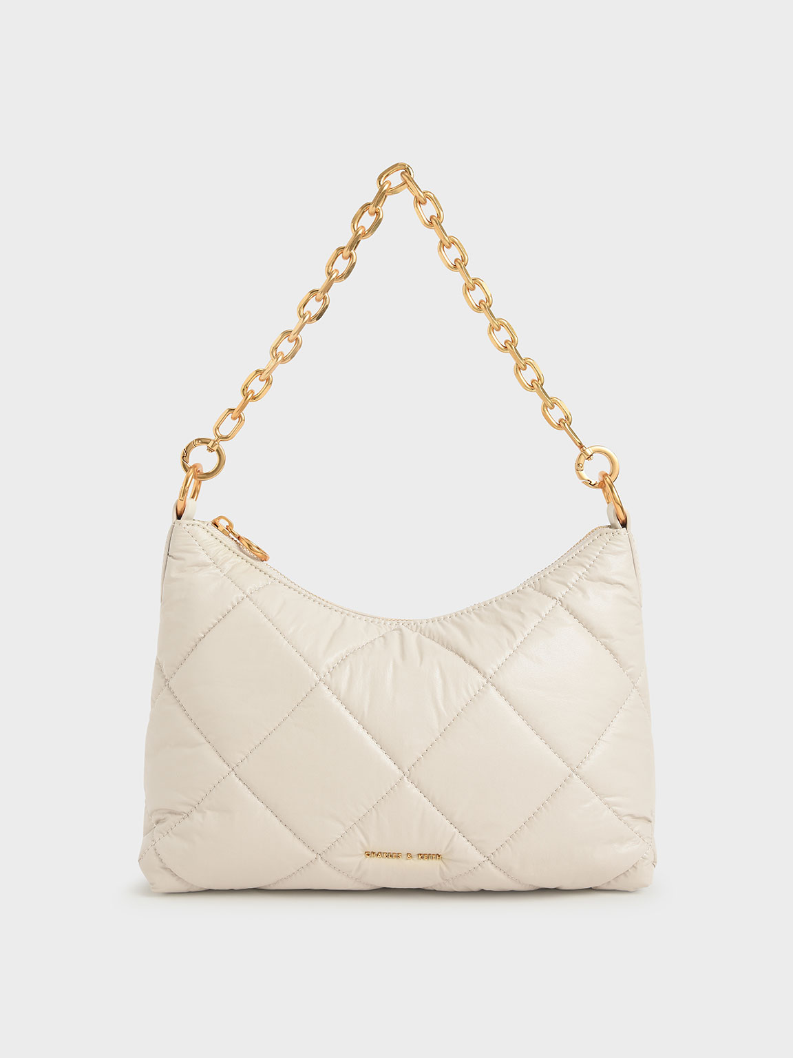 

Puffy Quilted Chain Handle Bag, Cream