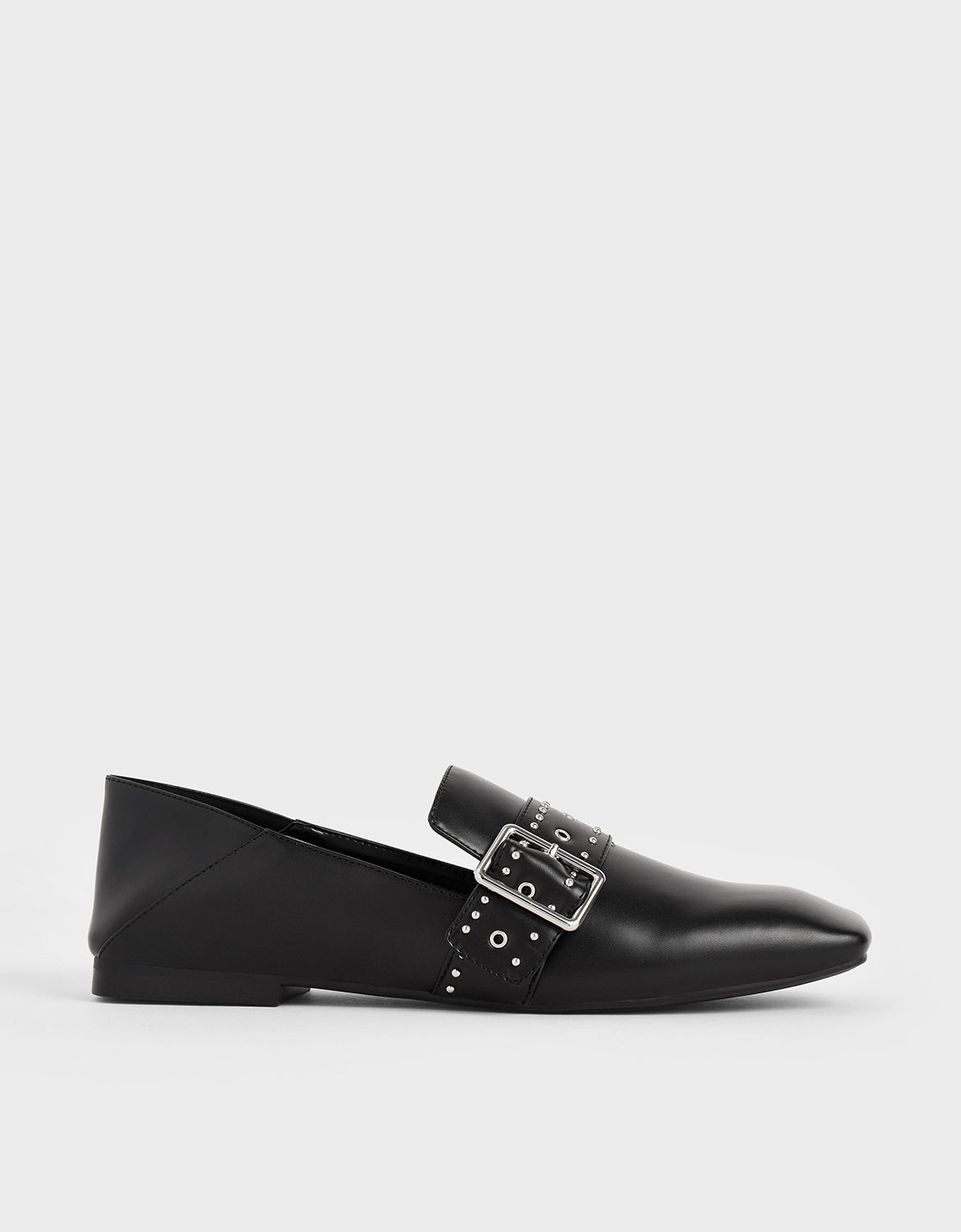 

Grommet Buckle Step-Back Loafers, Black