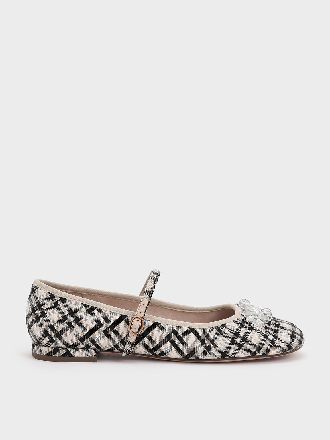 

Check-Print Ruched Bead-Embellished Mary Janes