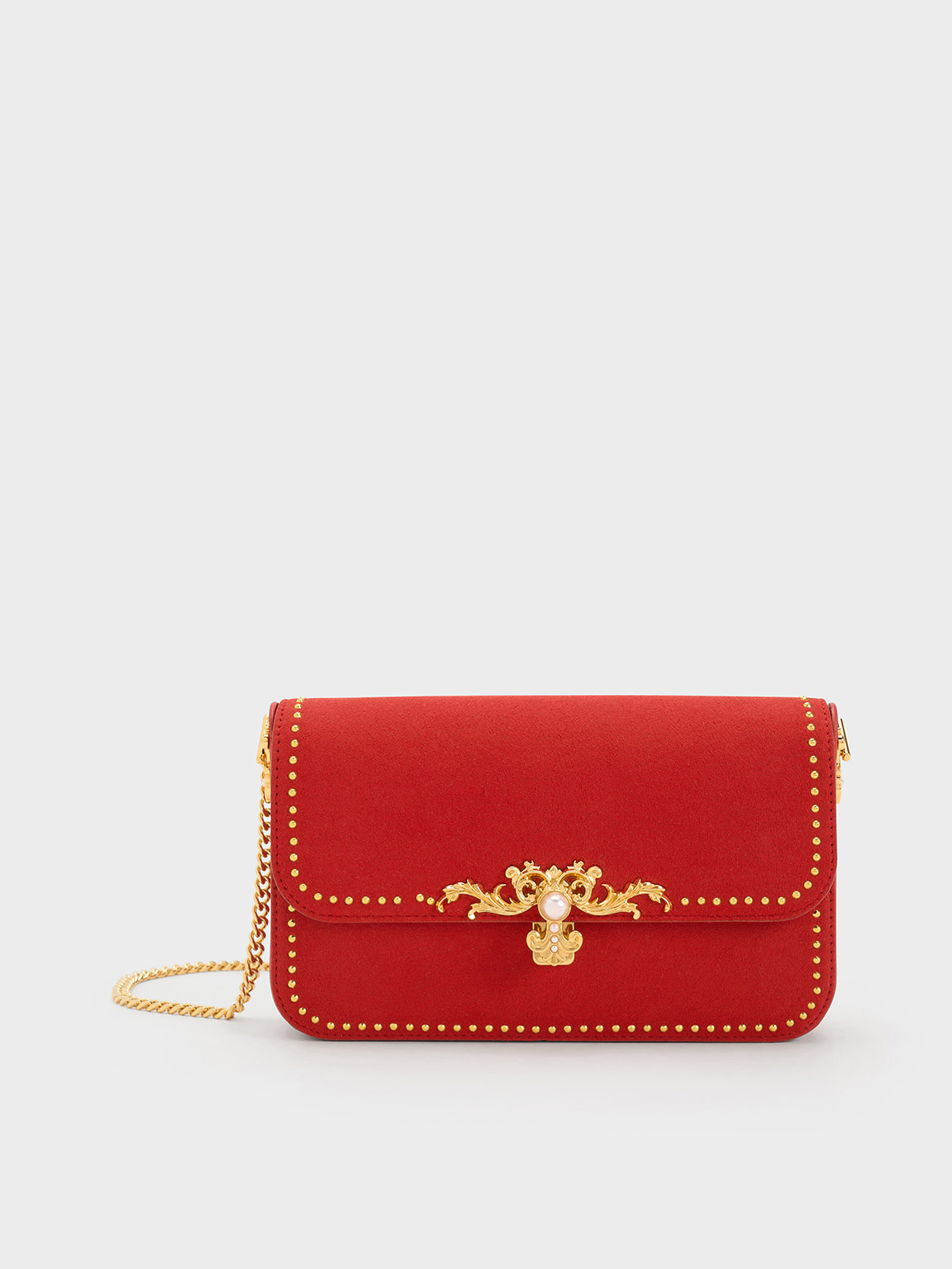 Charles & Keith Merial Metallic Accent Studded Clutch In Red