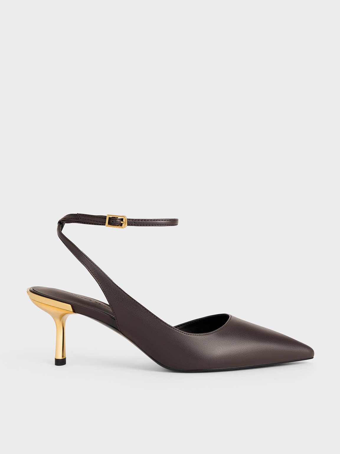 Charles & Keith - Metallic-heel Ankle-strap D'orsay Pumps In Dark Brown