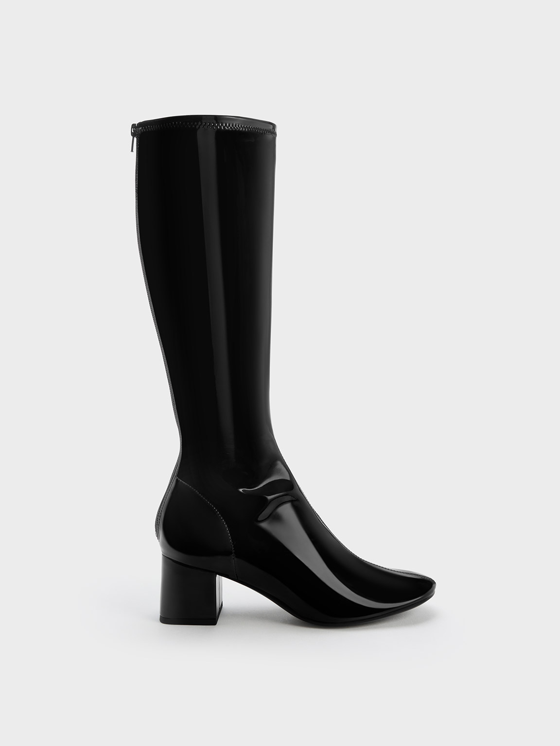 Charles & Keith Patent Block Heel Knee Boots In Black Patent