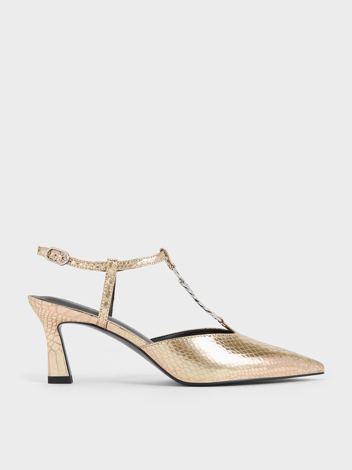 CHARLES & KEITH CHARLES & KEITH - METALLIC SNAKE-EFFECT T-BAR CHAIN-LINK POINTED-TOE PUMPS