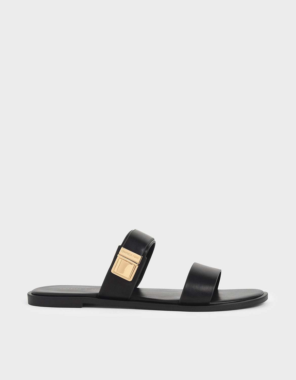 

Buckle Double Strap Slide Sandals, Black