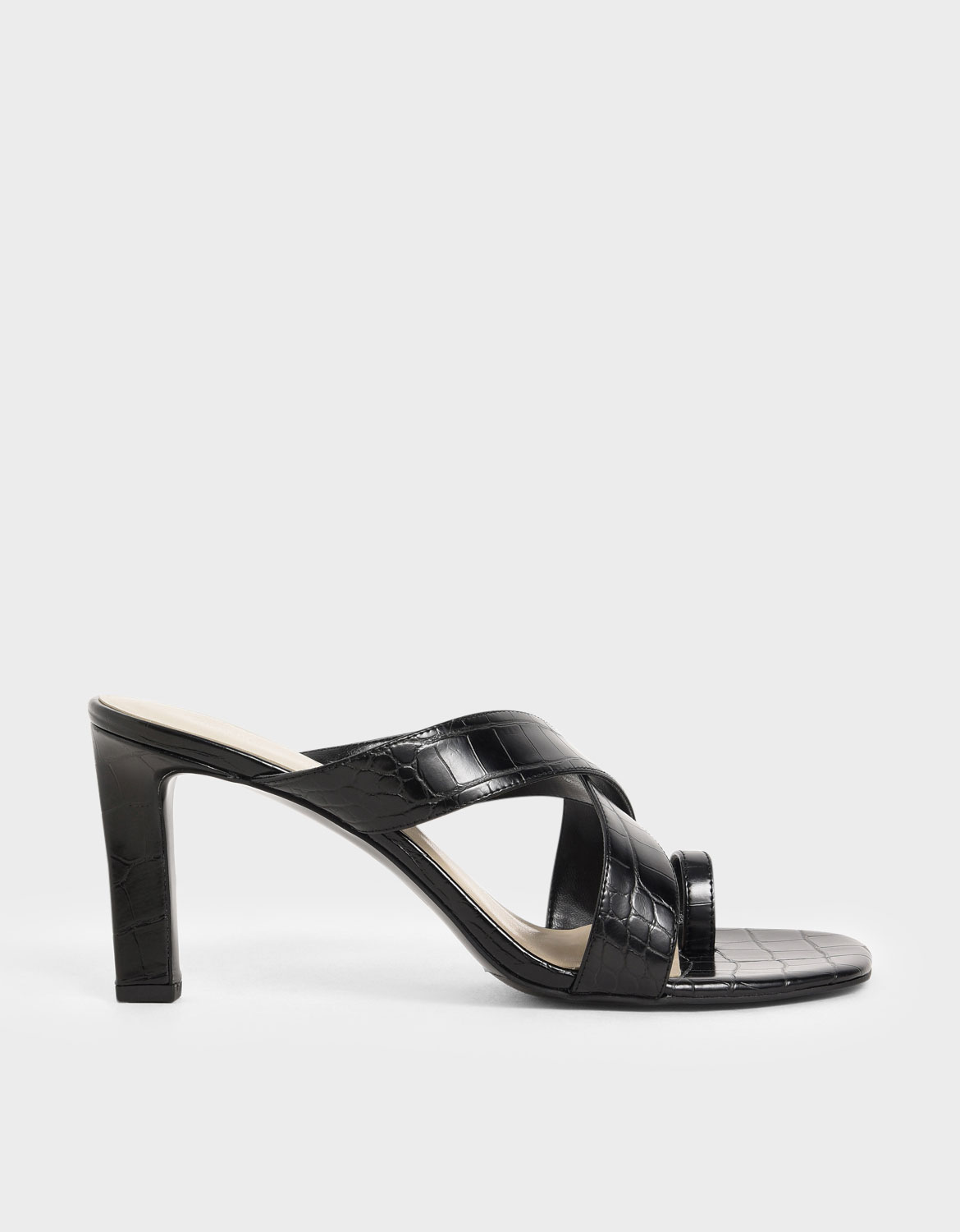 

Croc-Effect Heeled Mules, Black
