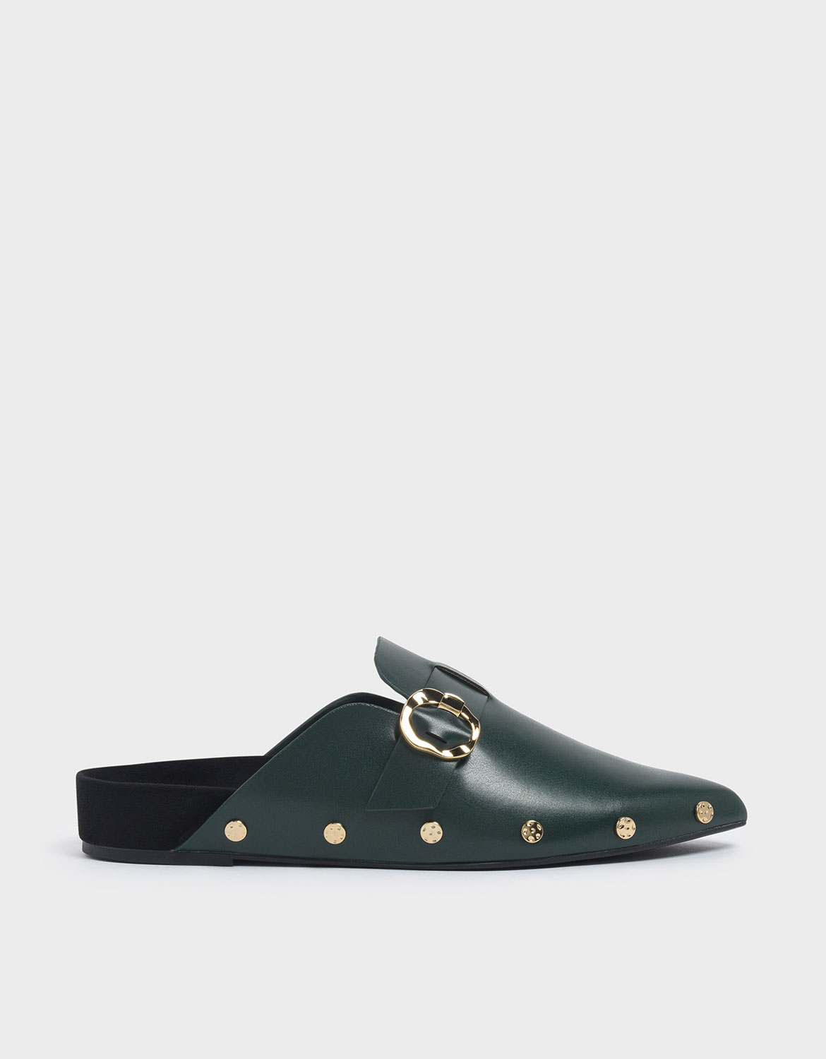 

Hammered Buckle Stud Trim Mules, Dark green