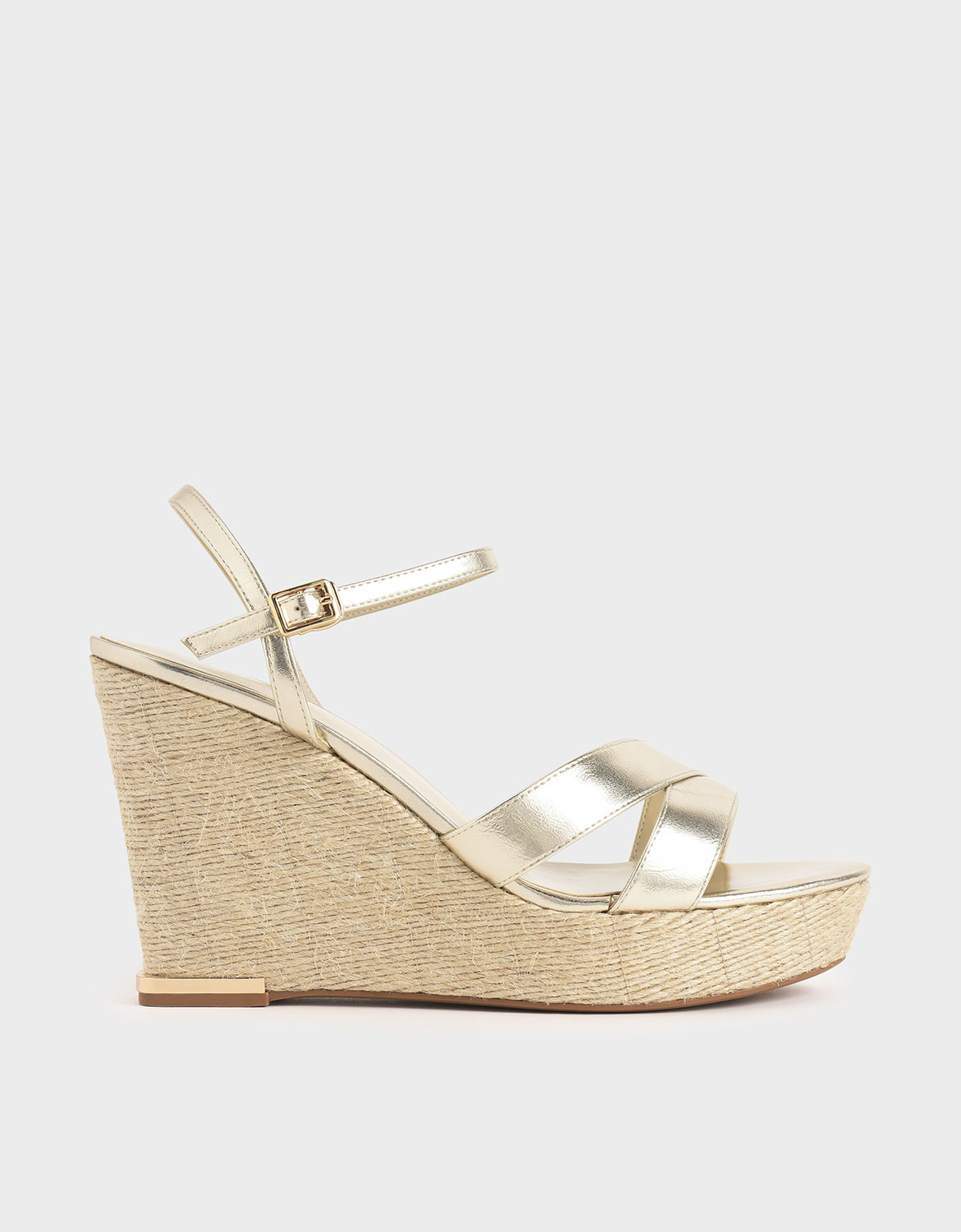

Metallic Asymmetric Strap Platform Wedges, Gold