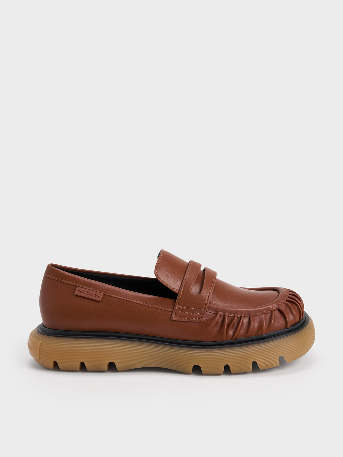 Charles & Keith Ruched Ridged-sole Penny Loafers In Cognac