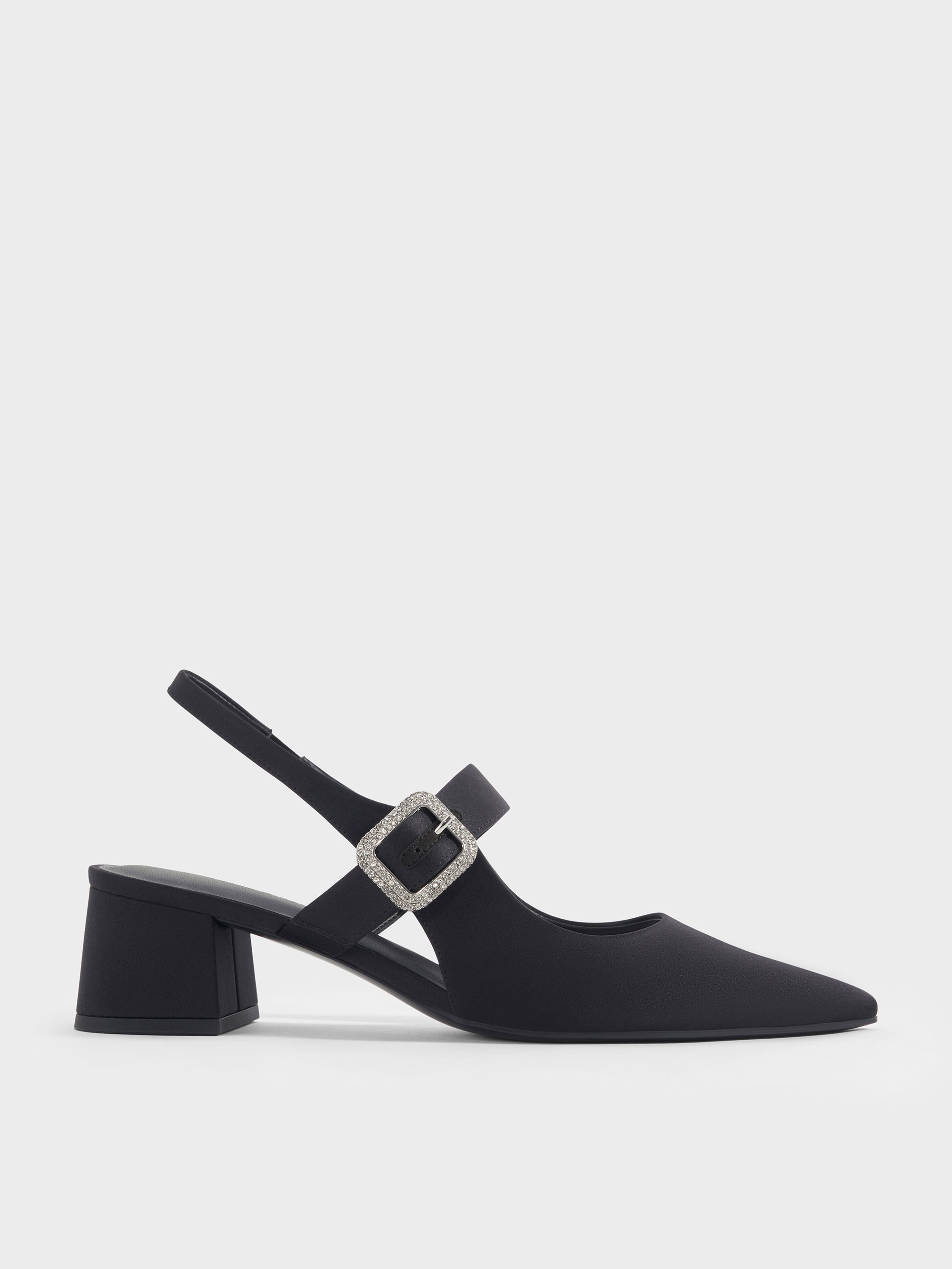 Charles & Keith - Satin Crystal-Buckle Block-Heel Slingback Pumps Charles & Keith - Satin Crystal-Buckle Block-Heel Slingback Pumps
