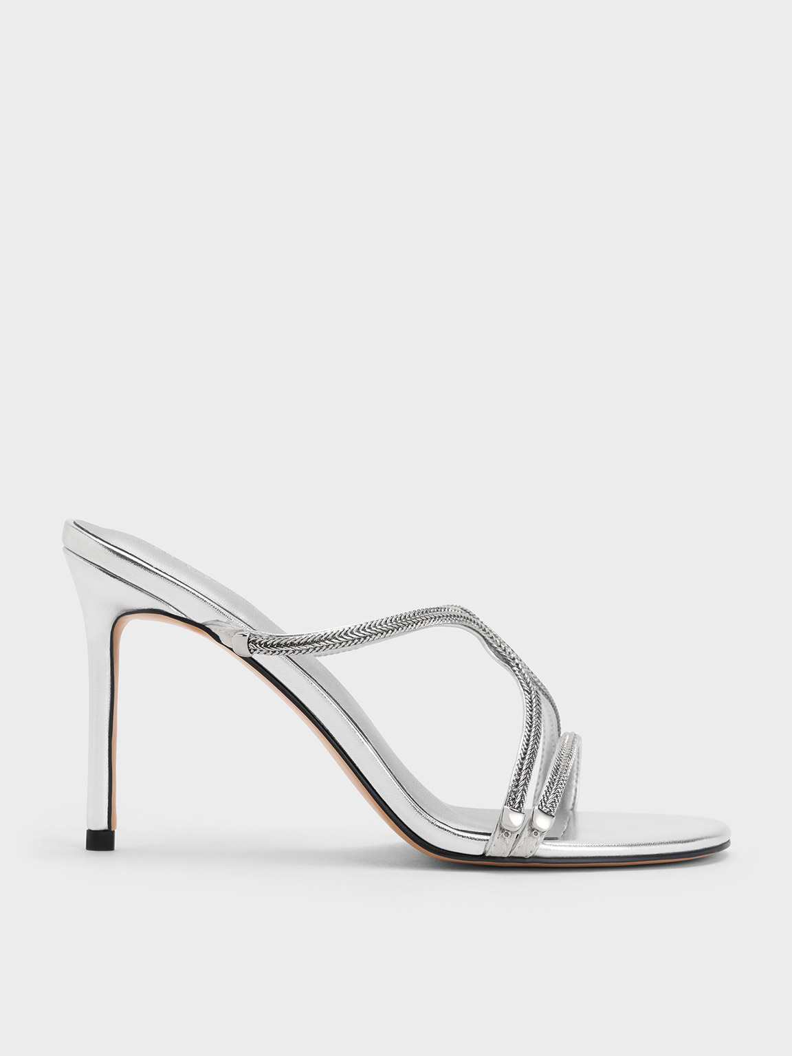 Silver Metallic Braided Strappy Heeled Mules - CHARLES & KEITH UK