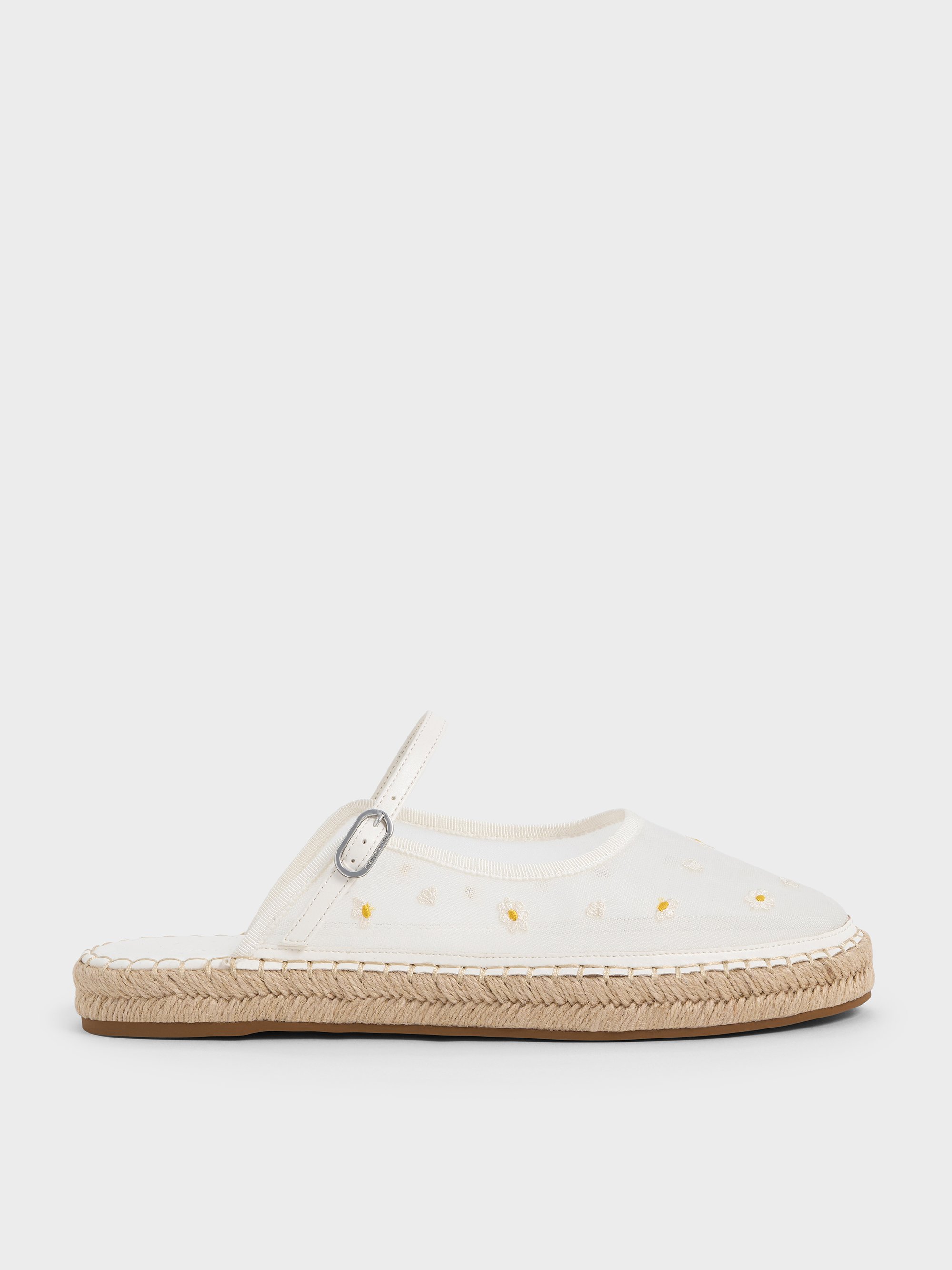 Charles & Keith - Mesh Embroidered-Flower Slip-On Mary Jane Espadrilles