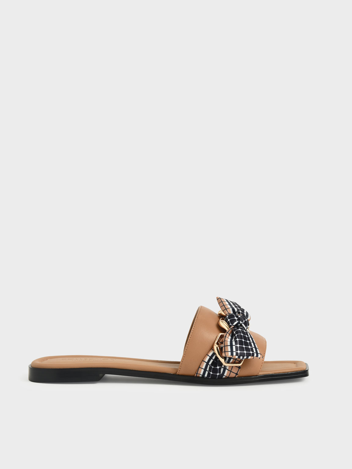 

Printed Fabric Scarf Leather Slide Sandals, Caramel