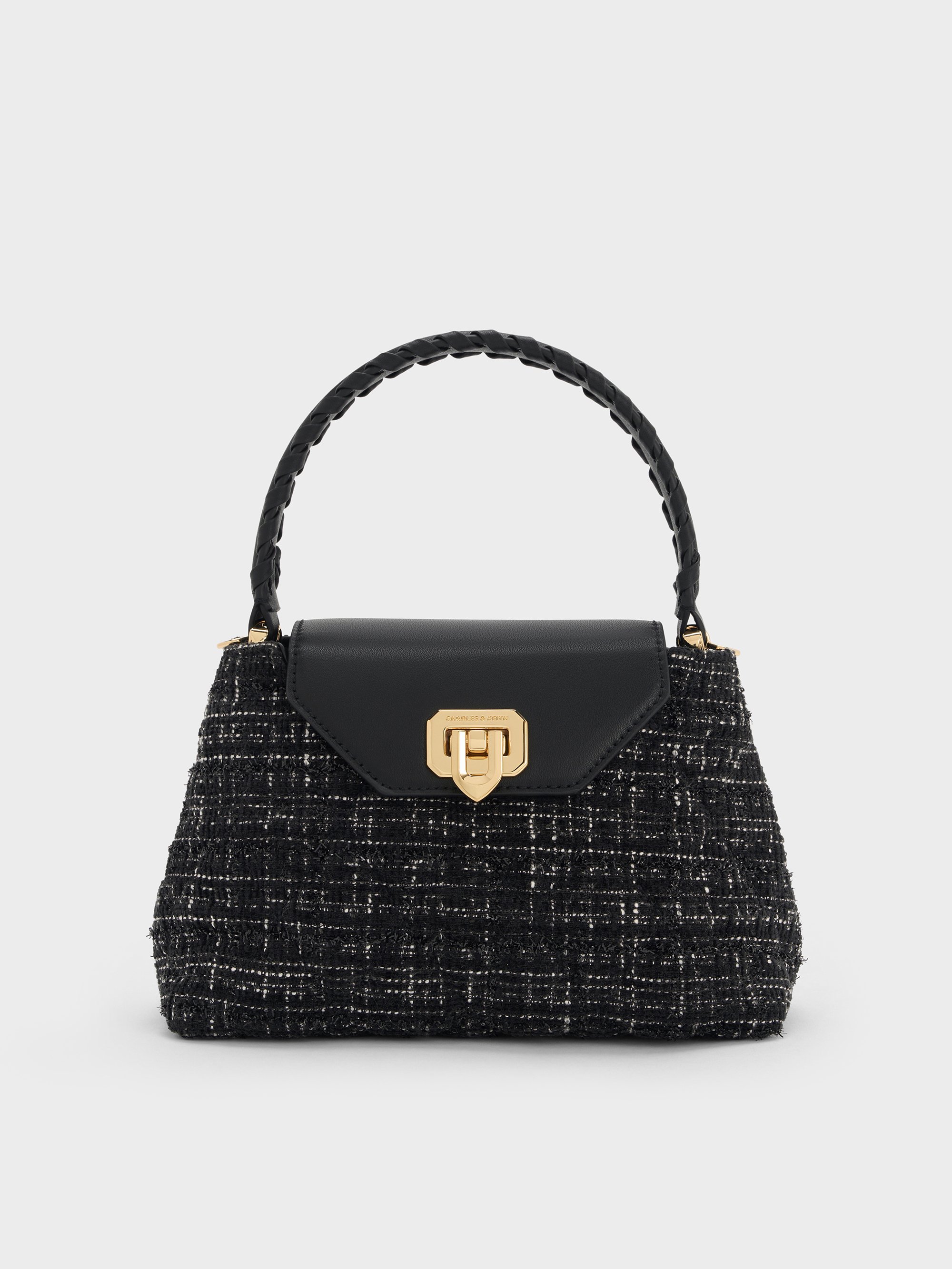 Charles & Keith - Arwen Tweed Quilted Braided-Strap Top Handle Bag Charles & Keith - Arwen Tweed Quilted Braided-Strap Top Handle Bag