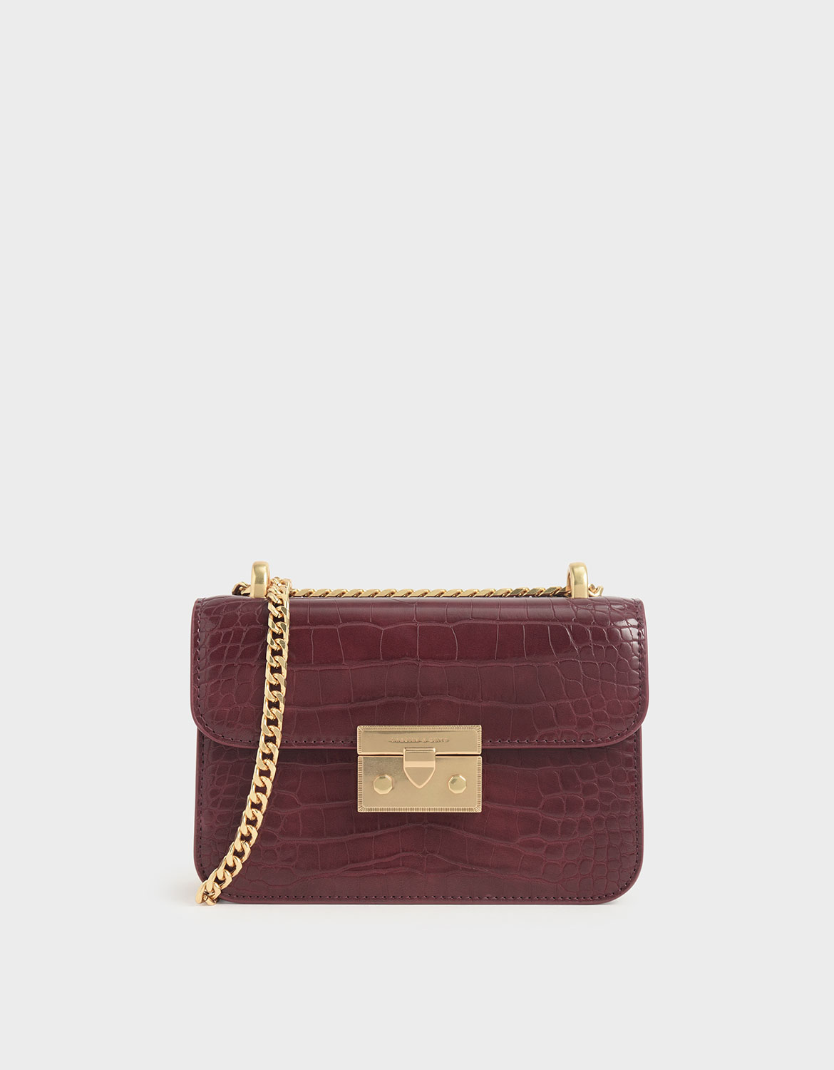 

Croc-Effect Boxy Chain Strap Bag, Burgundy