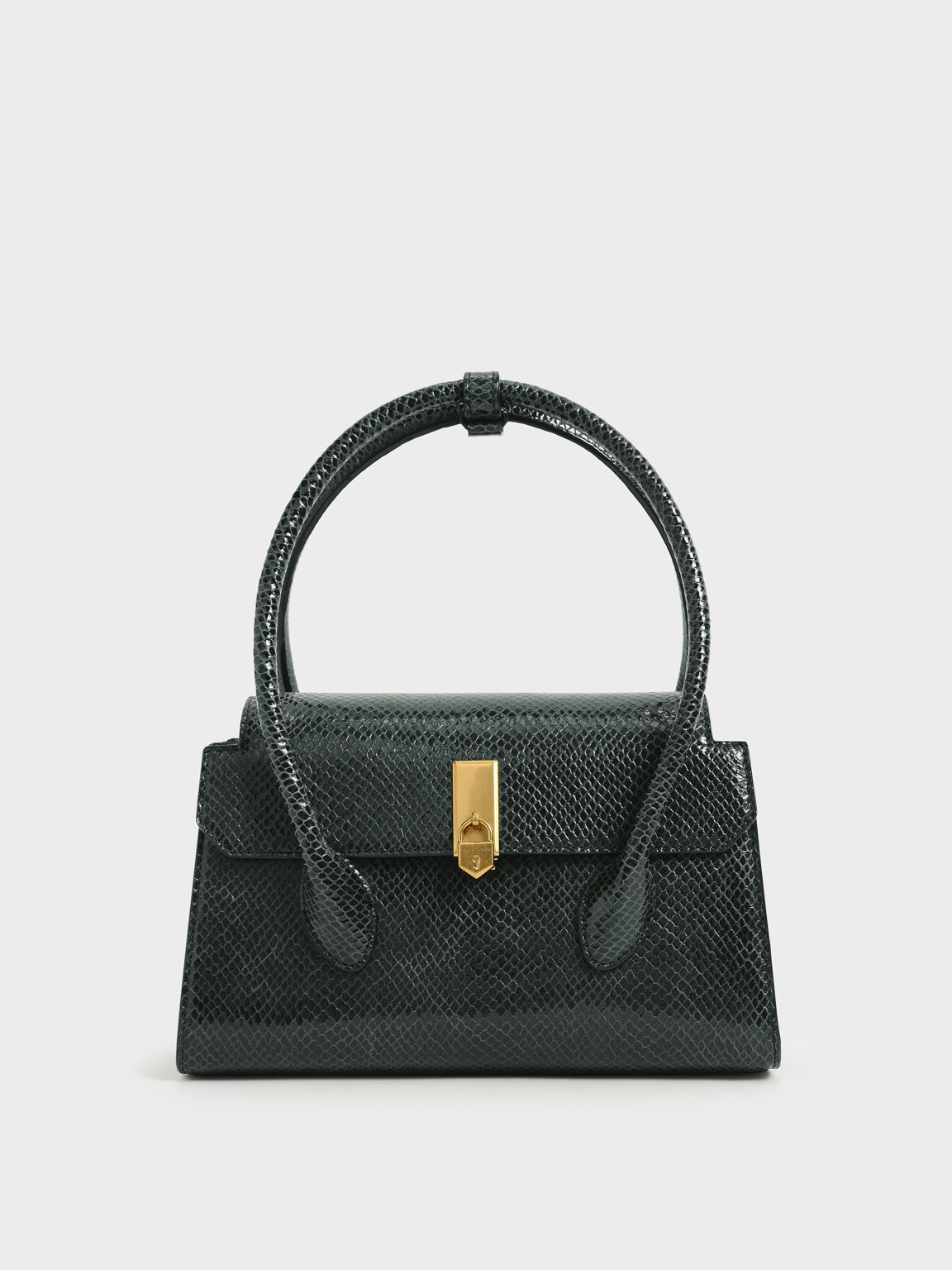 

Snake Print Double Handle Push-Lock Bag, Dark green