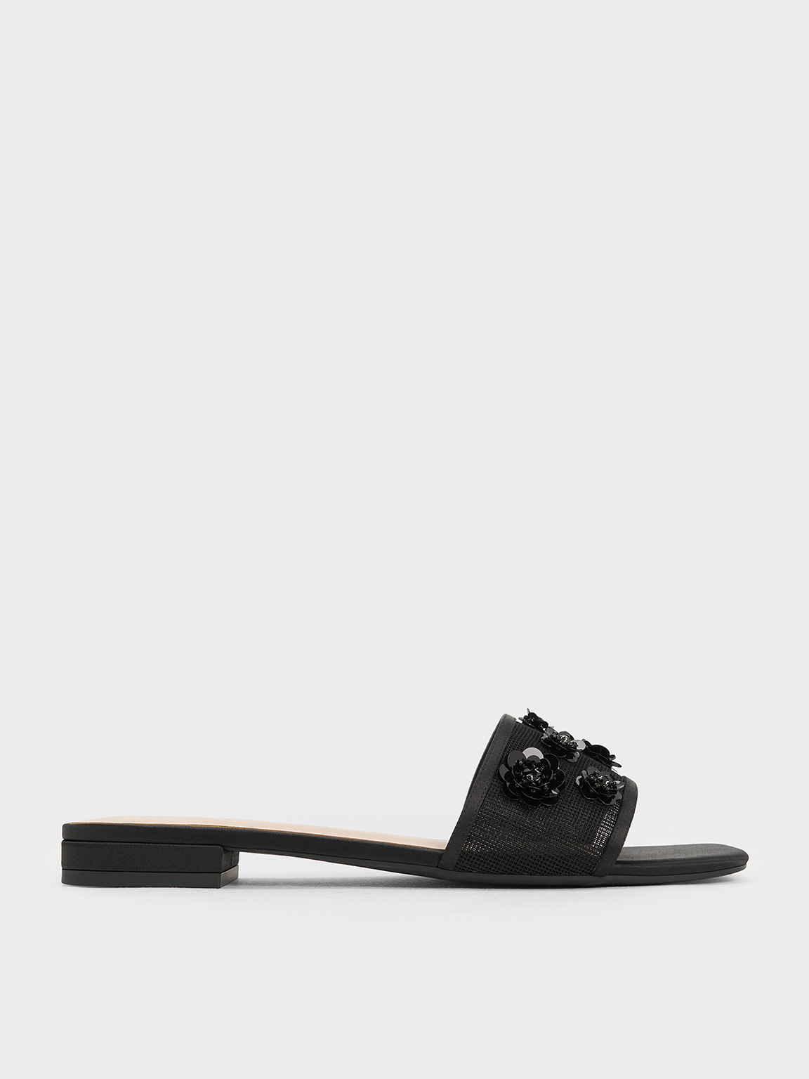 Charles & Keith - Mesh & Satin Sequin-flower Slide Sandals In Black Textured