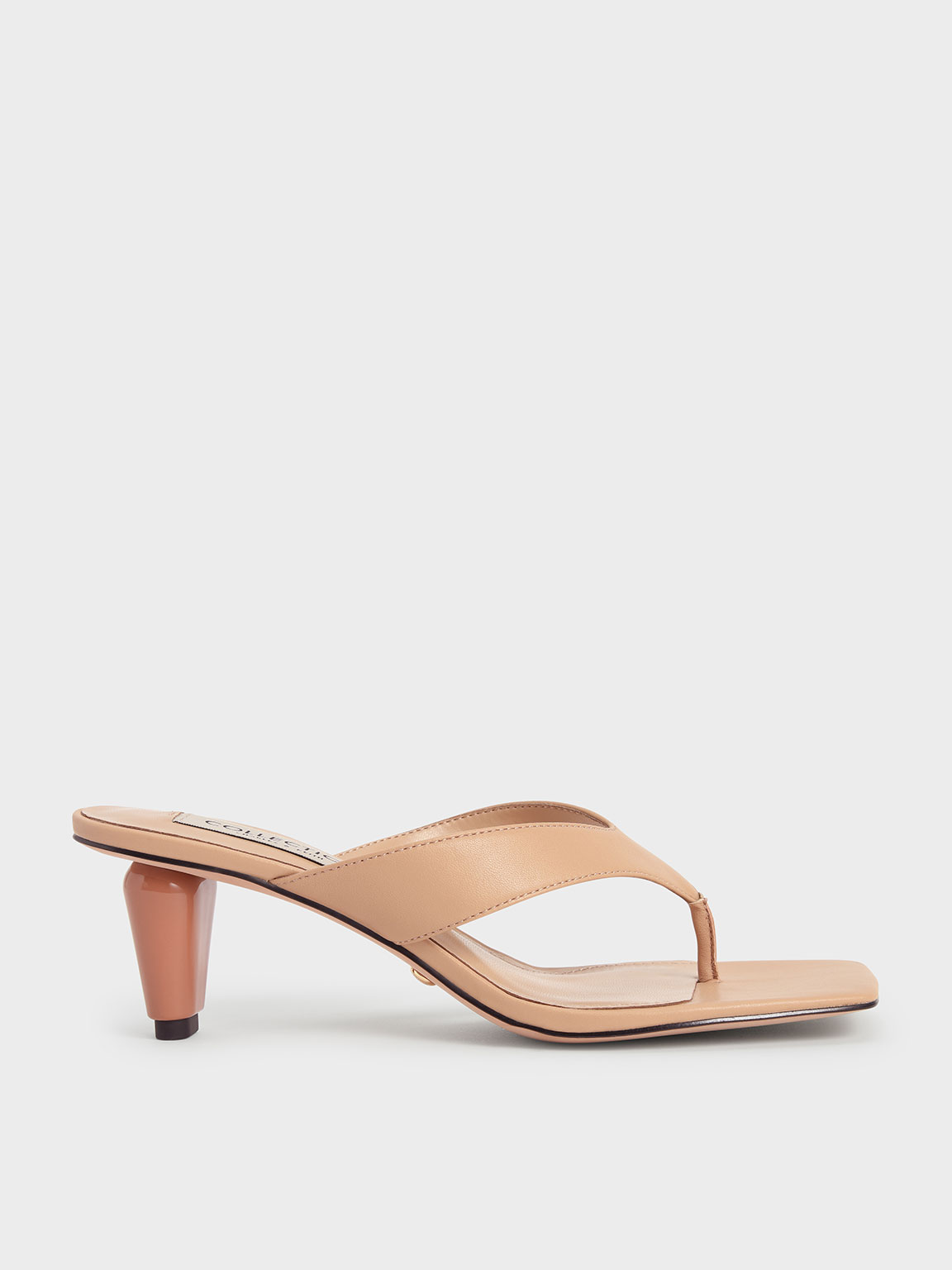 

Leather Sculptural Heel Thong Sandals, Nude