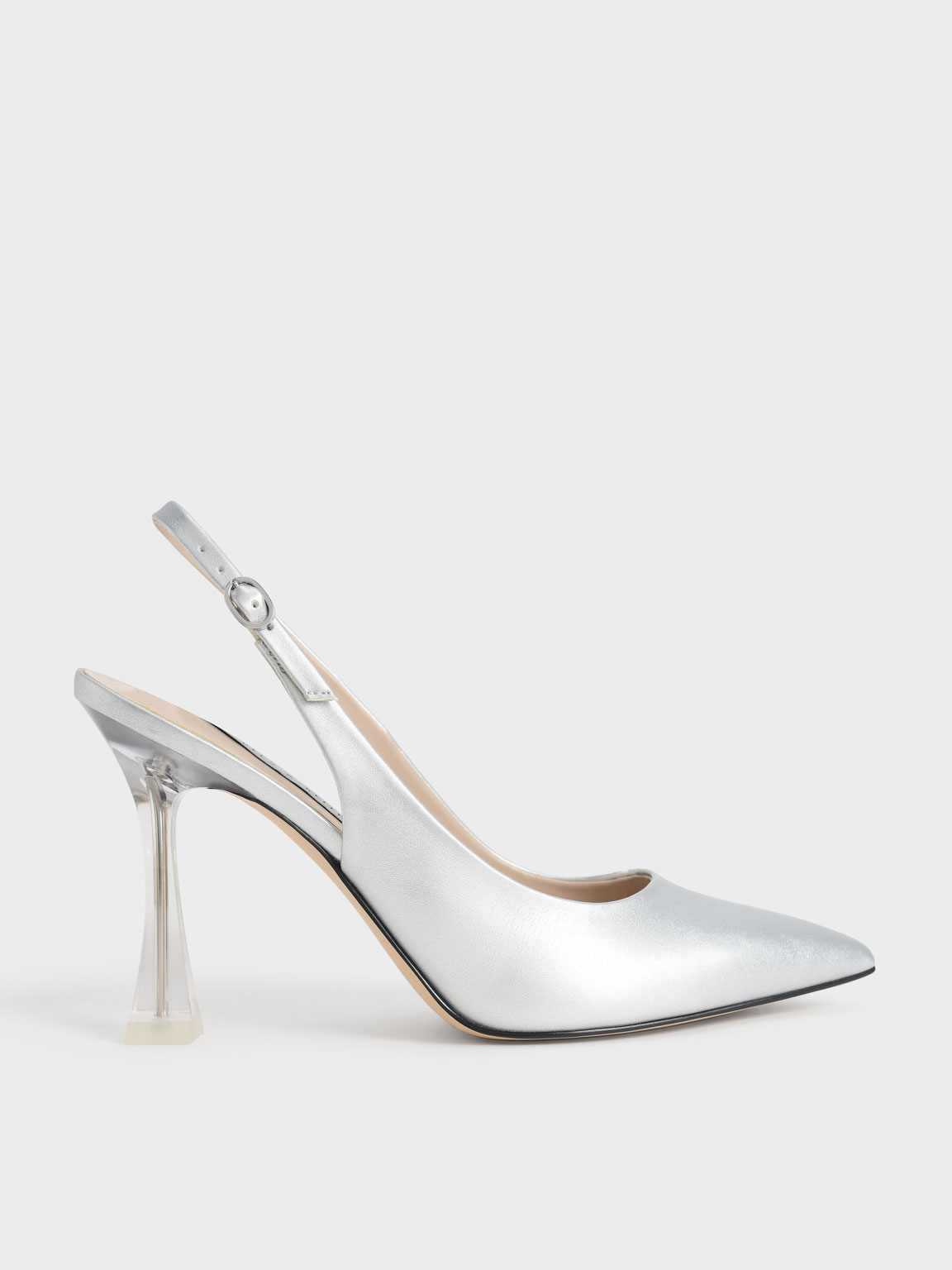 

Clear Sculptural Heel Slingback Pumps, Silver