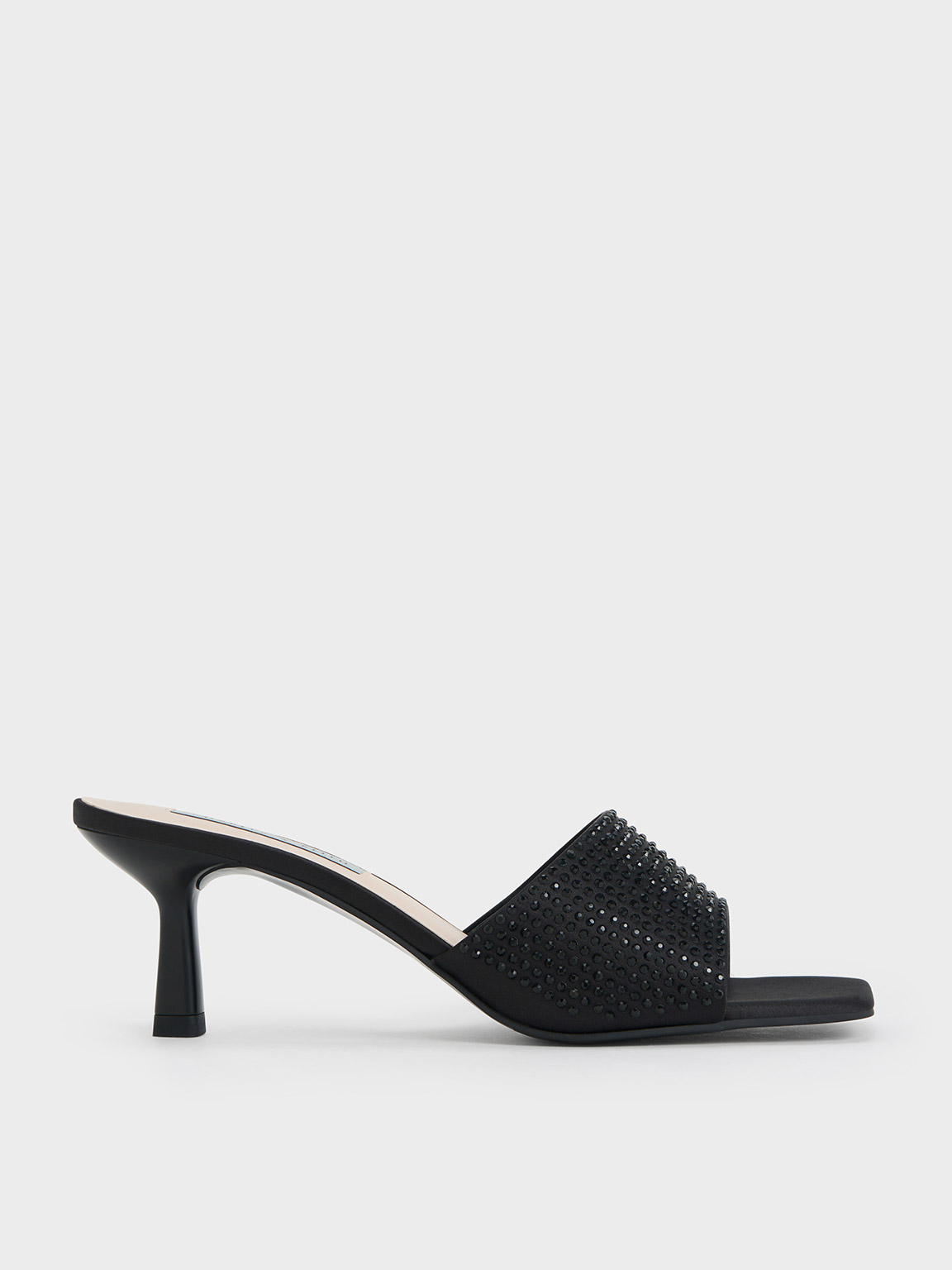 Charles & Keith Recycled Polyester Crystal-embellished Heeled Mules In Black Textured