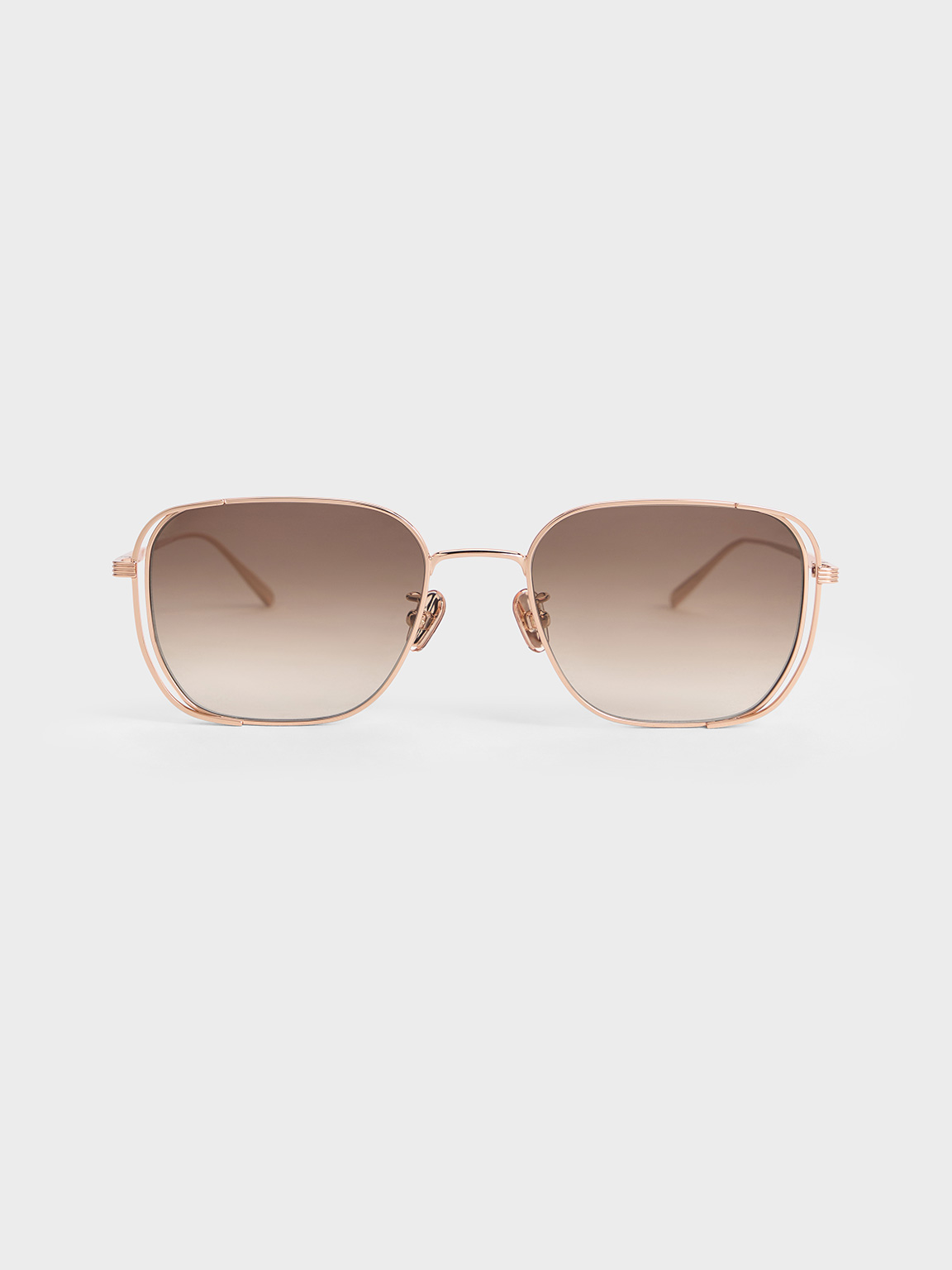 Charles & Keith - Metallic-rim Rectangular Sunglasses In Rose Gold