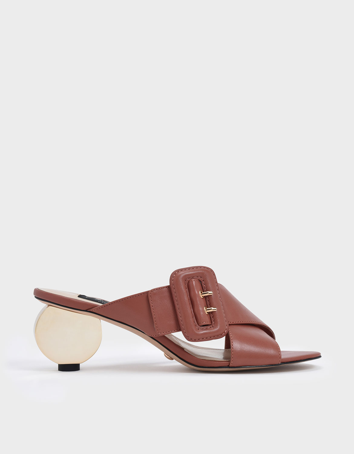 

Sculptural Heel Leather Slide Sandals, Brick